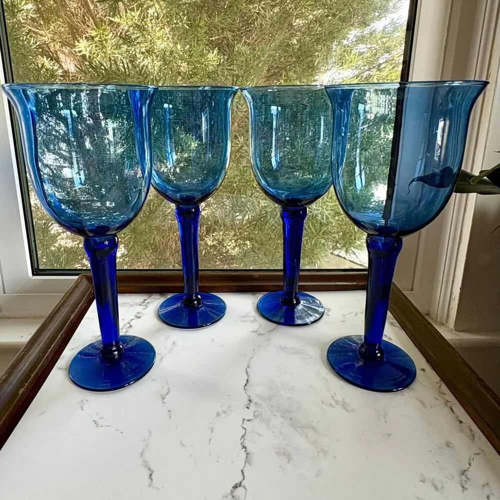Vintage Cobalt Blue Mexican Glass Goblets Set of 4u